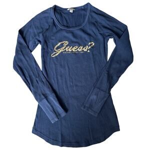 Guess, Navy, Waffle Fabric, Jeweled, Long Sleeve, Graphic Shirt- S